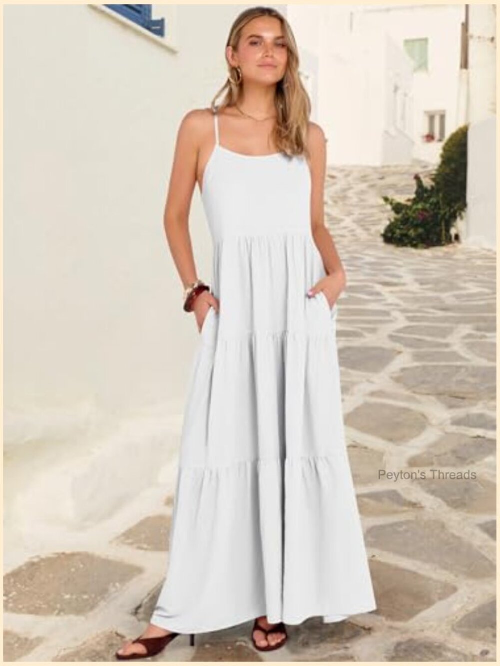 Sleeveless Maxi Dress Tiered A-Line Spaghetti Strap Boho Sundress Flowy Beach - Picture 6 of 7